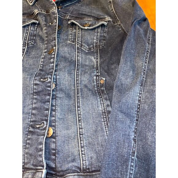 Denim Jacket GUESS Los Angeles Distressed Vintage Size L Cropped Fitted - Picture 2 of 7